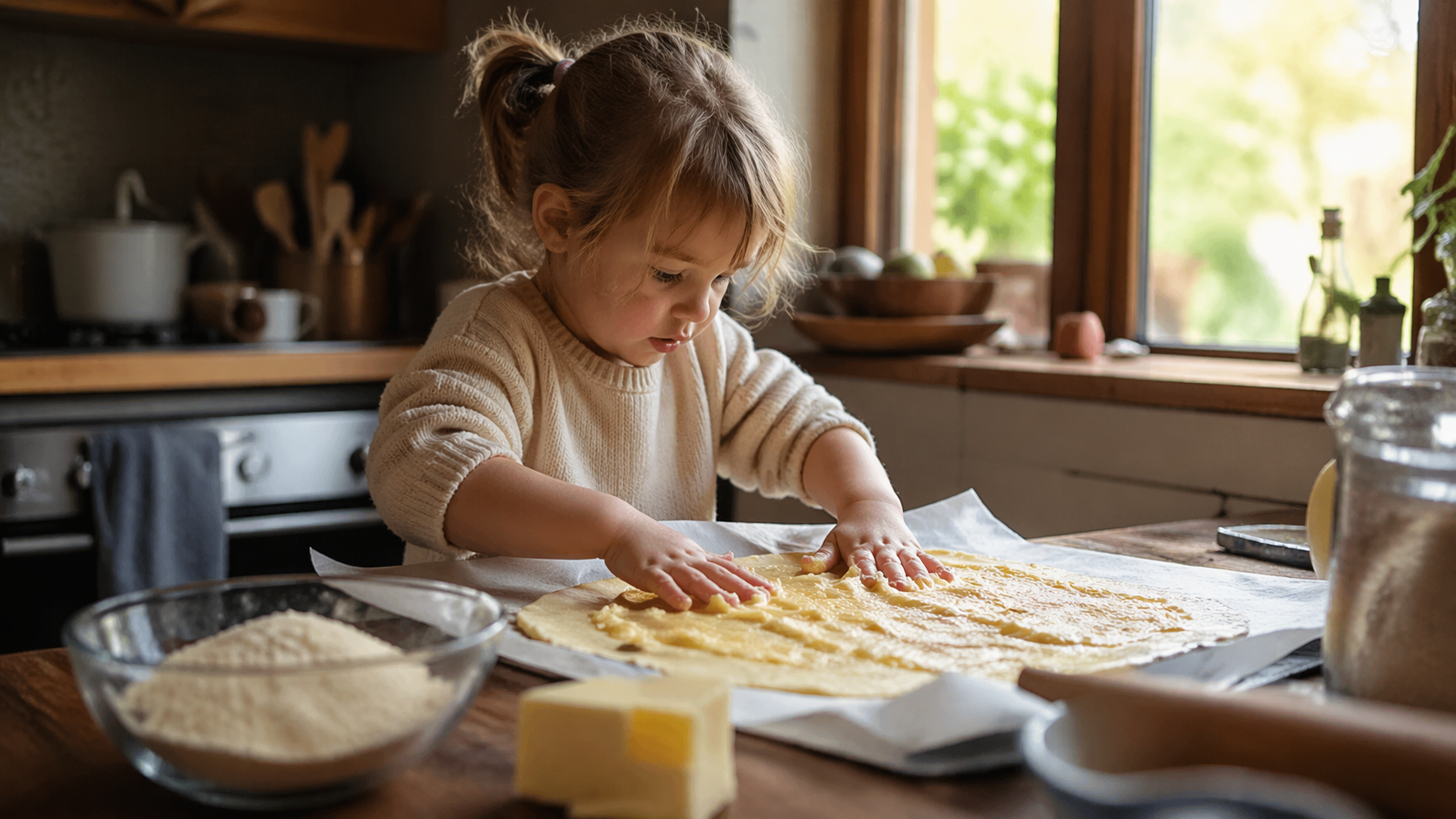 Enfant préparant la galette des rois en cuisine