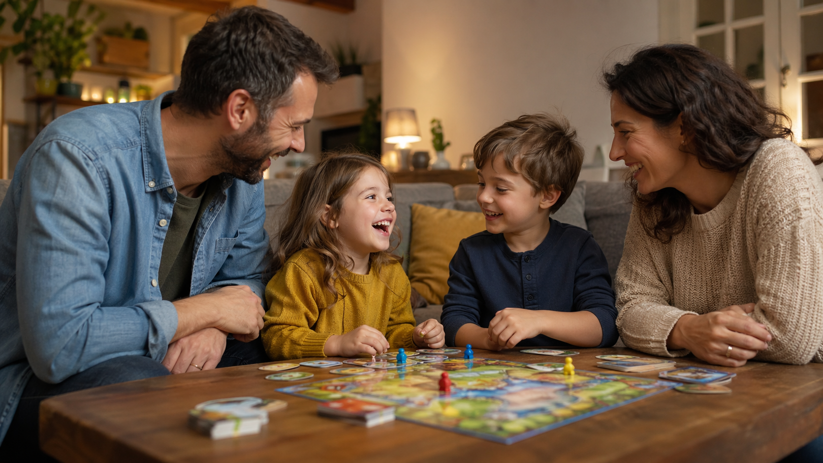 Famille jouant à un jeu de société avec des enfants de 4-6 ans