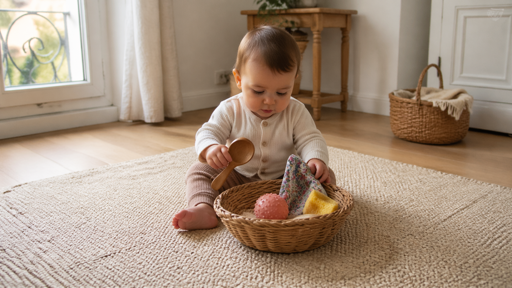 Bébé jouant avec des objets naturels Montessori dans un panier en osier
