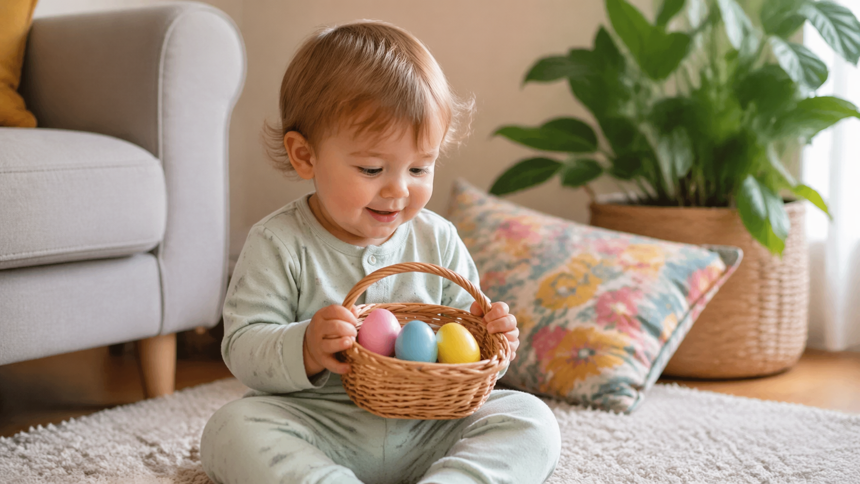 Bambin tenant un petit panier avec des œufs de Pâques en bois pastel