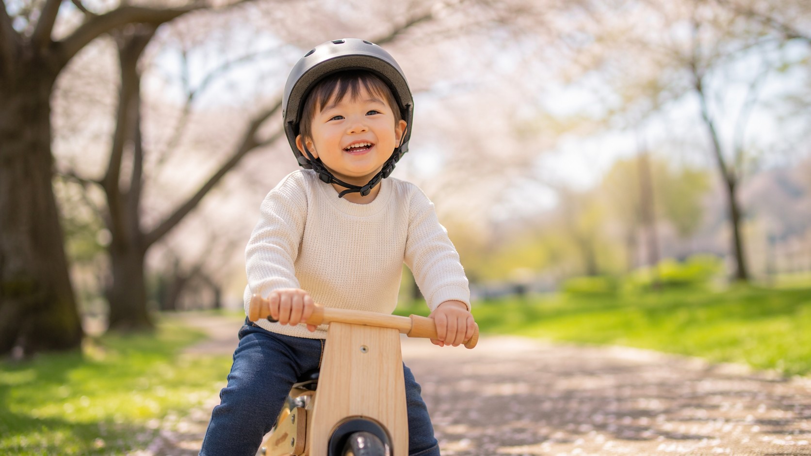 Enfant souriant en casque sur une draisienne en bois dans un parc au printemps